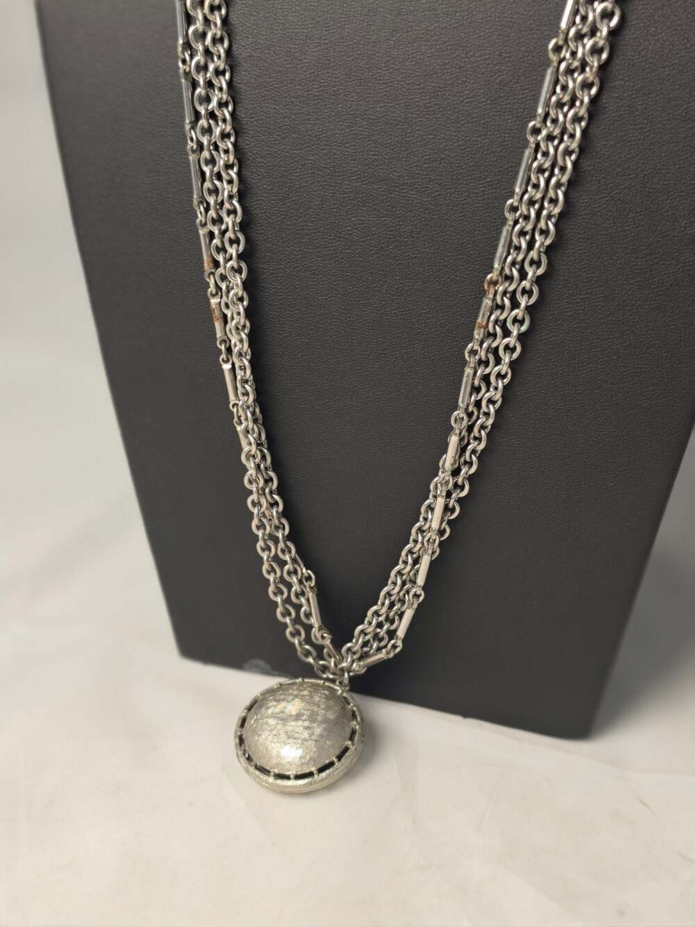 Vintage Multi-Chain Necklace with Textured Round Pendant